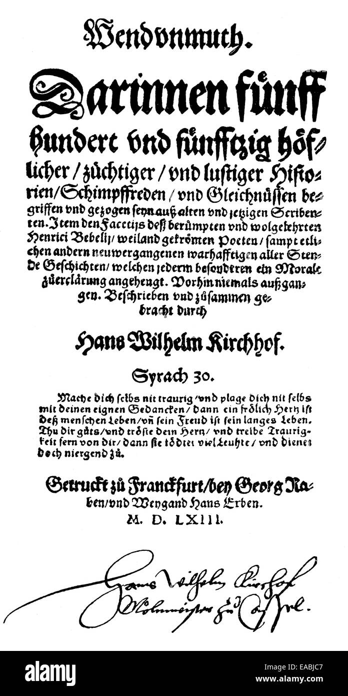 Imprimer Historique, gravure sur bois, 1563, page d'un livre de Hans Wilhelm Kirchhof ou Kirchhoff, 1525 -1605, un poète baroque allemand et trans Banque D'Images