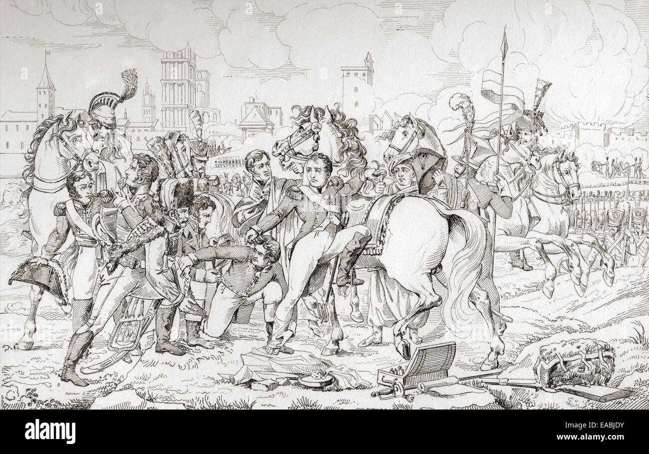 Napoléon blessé lors de la bataille de Ratisbonne, aka la bataille de Ratisbonne en 1809. Après la peinture de Pierre Gautherot. Banque D'Images