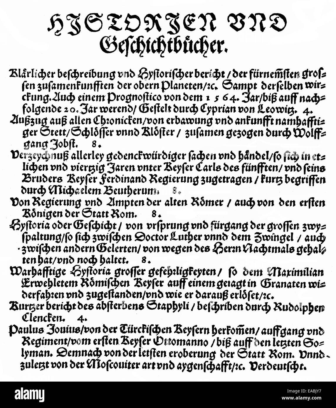 Imprimer la page d'historique, le catalogue du salon du livre de Francfort 1564, Titelseite von dem 1. Von Messkatalog Buchme 1564 zu der Banque D'Images