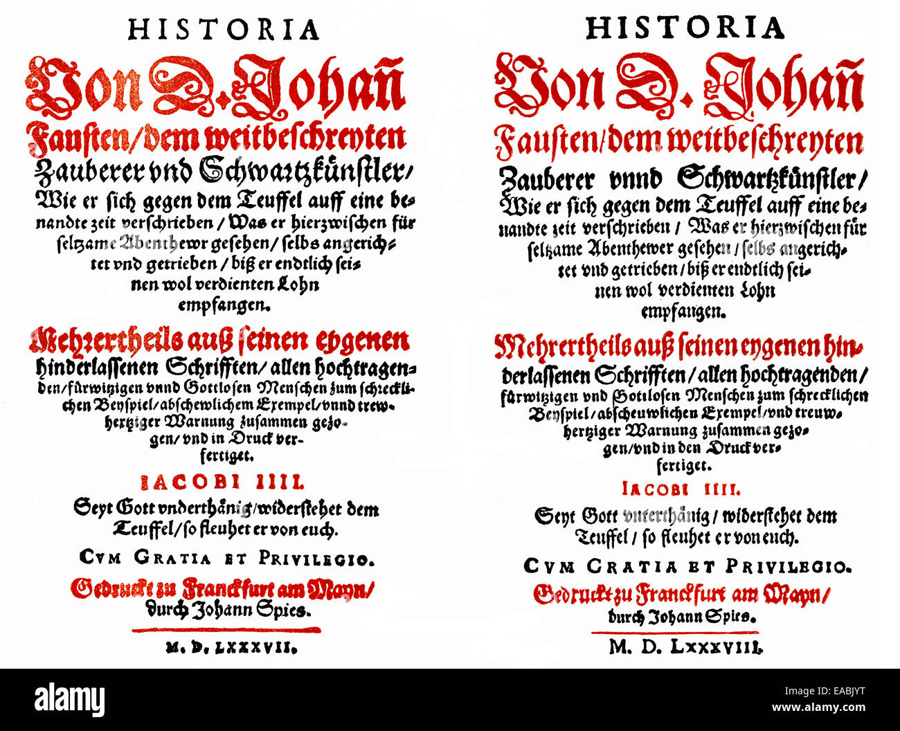 Imprimer Historique, 1587-88, première page de la première et de la deuxième Faust livre, imprimé par Johann Spiess à Francfort, Historische D Banque D'Images