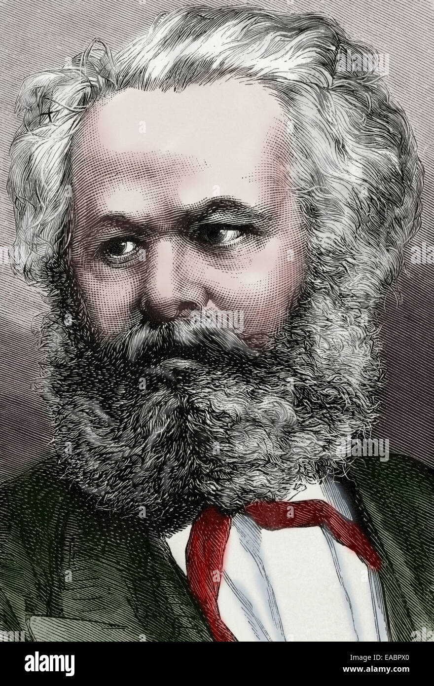 Karl Marx (1818-1883). Philosophe, économiste politique allemand et communiste. Portrait. Gravure de Capuz. De couleur. Banque D'Images