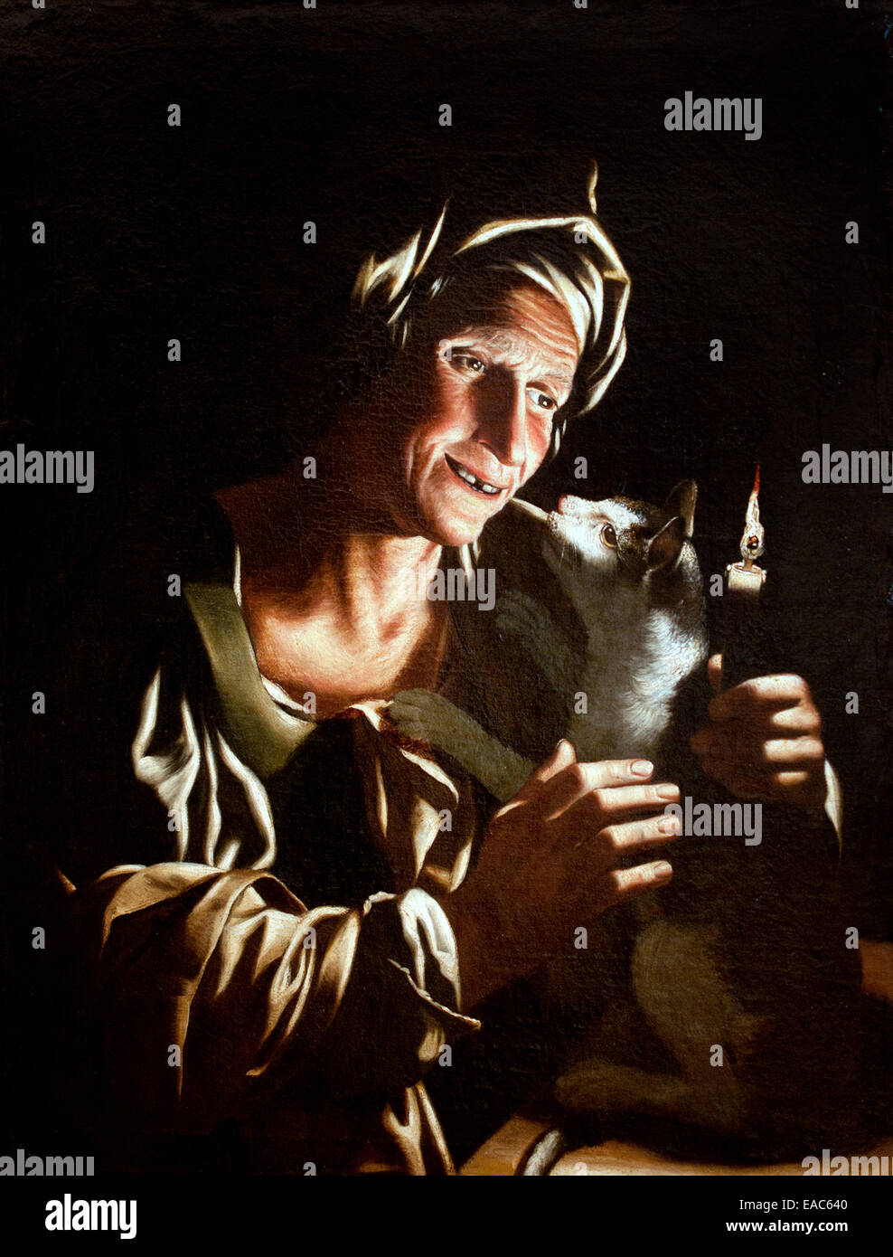 Vieille Femme avec une bougie chat Rome Italie italien du 17ème siècle Banque D'Images