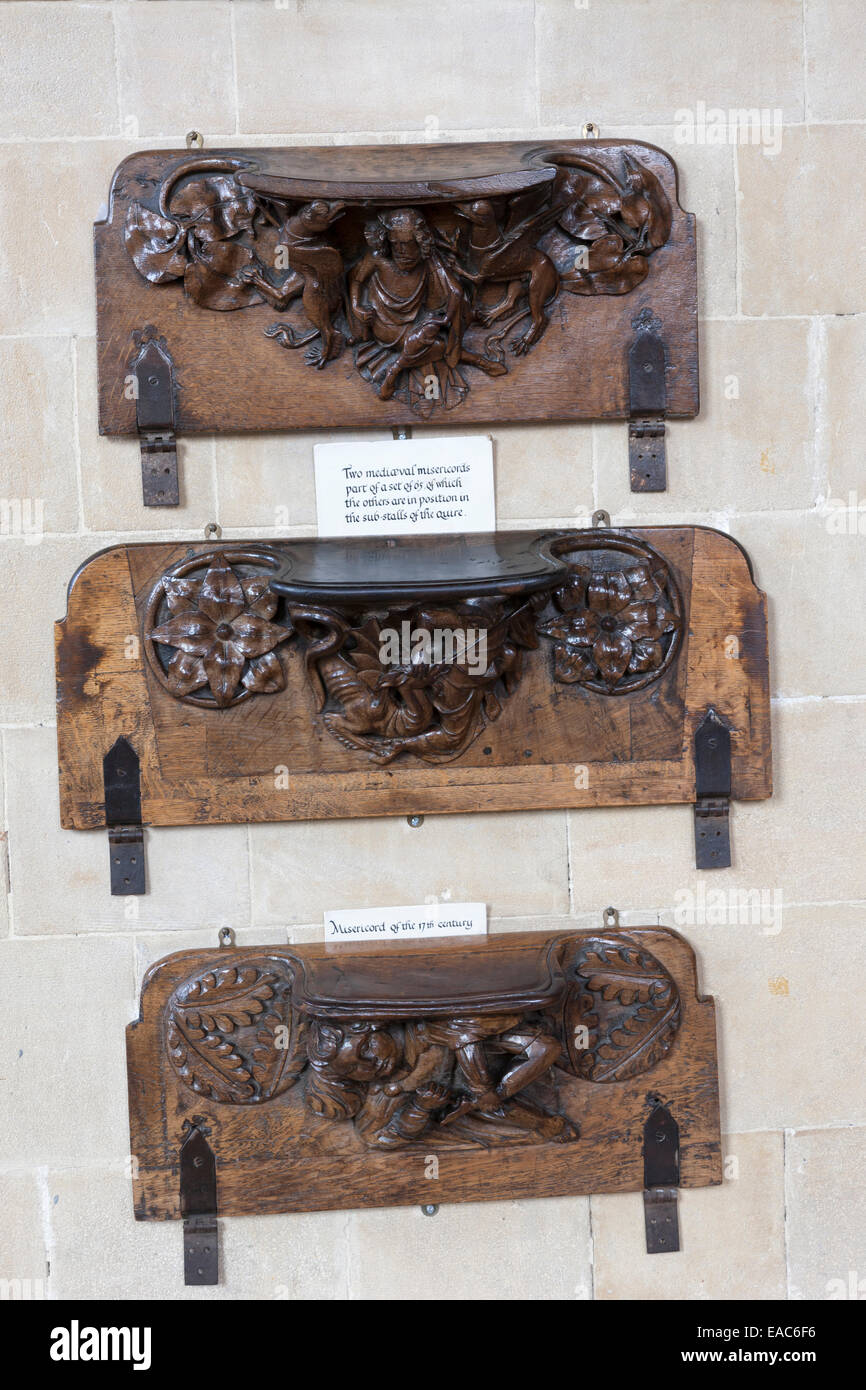 La cathédrale de Wells en miséricordes médiévale, Somerset Banque D'Images