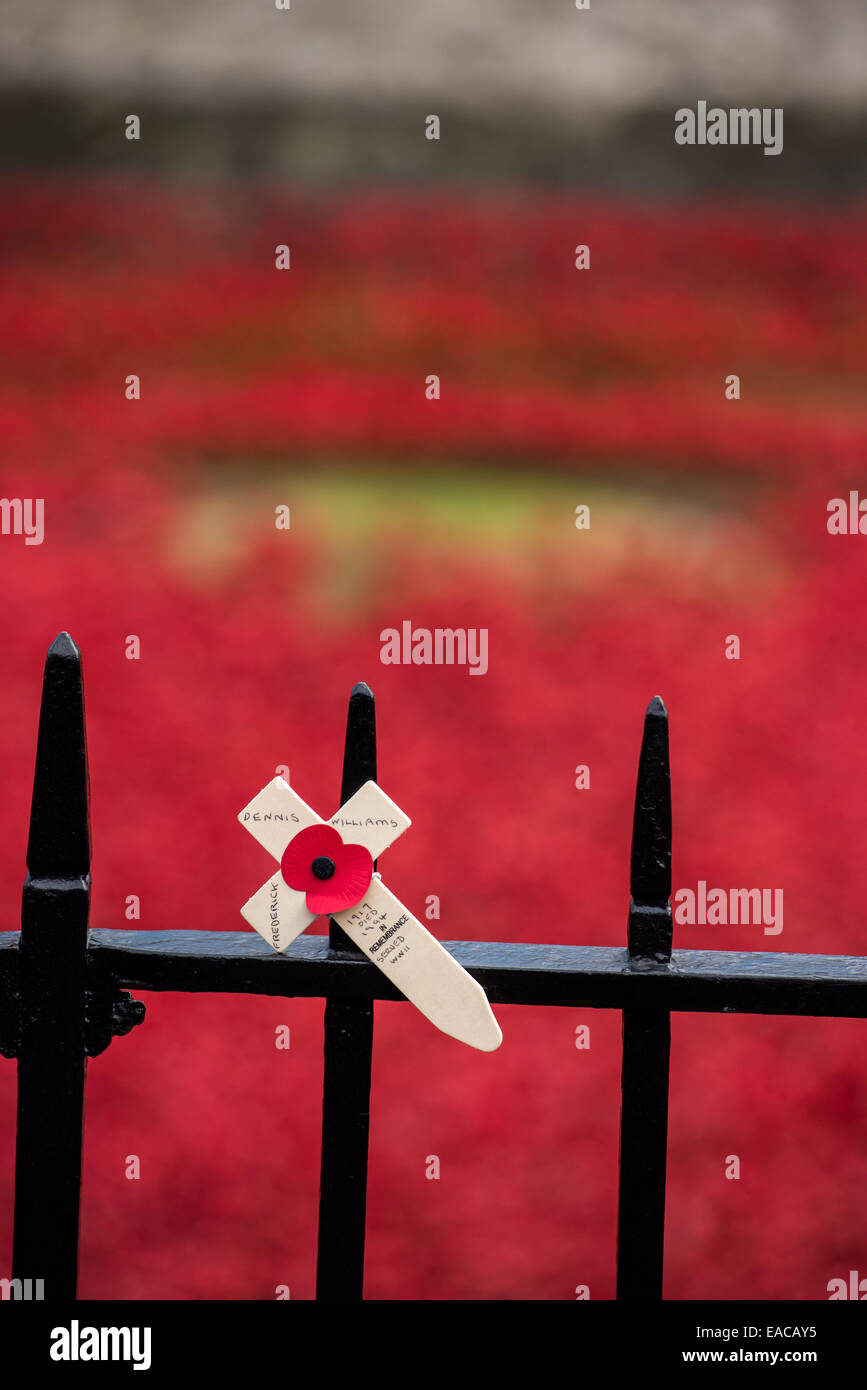 Libre de la croix sur fond de coquelicots en céramique à la 'Blood a balayé les terres et les mers de l'installation Red' à la Tour de Londres. Banque D'Images