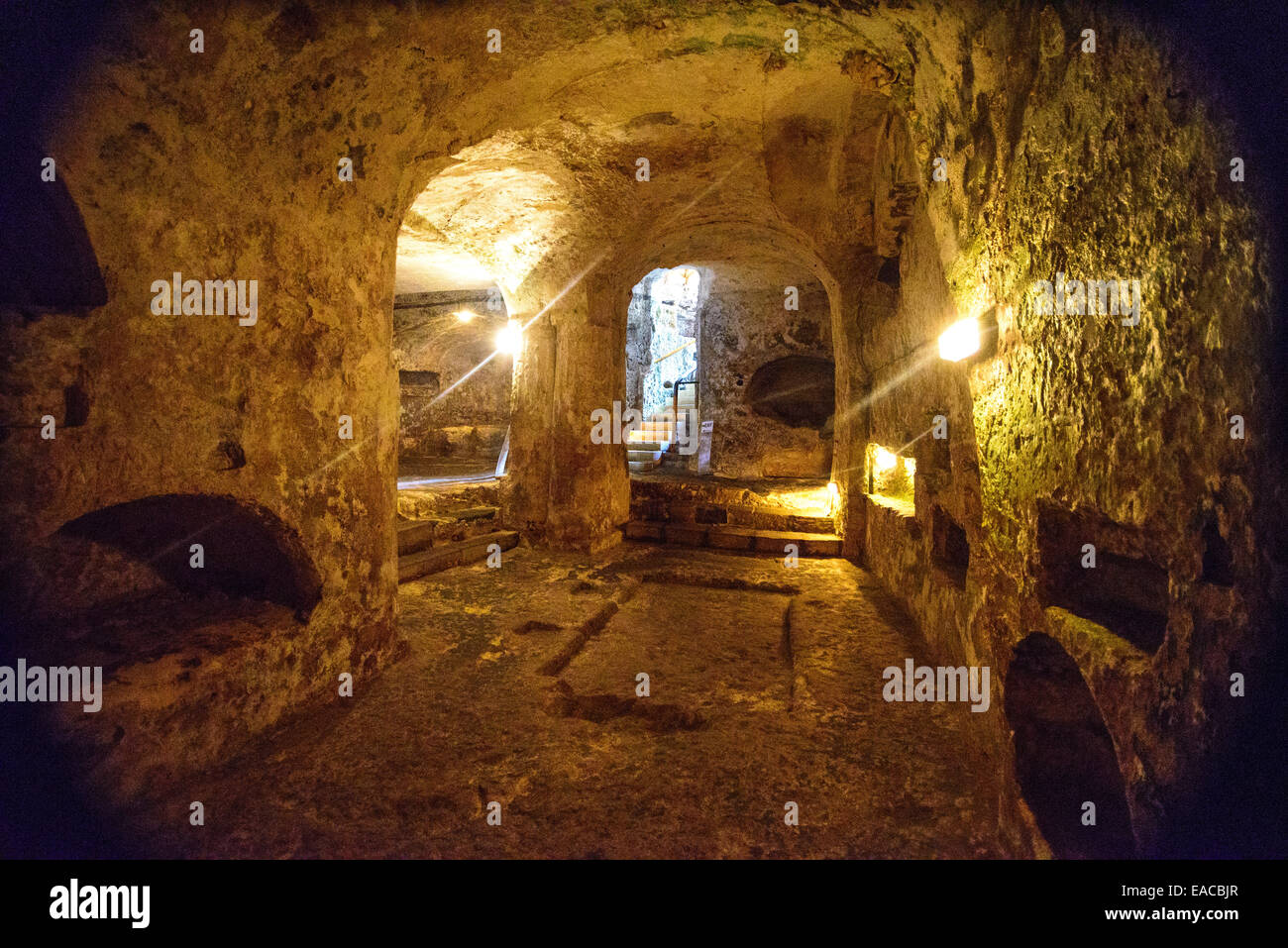 L'intérieur des catacombes à Rabat, Malte. Banque D'Images