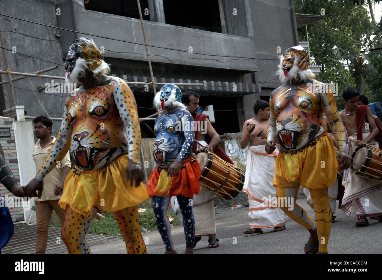 Puli Kali (Pulikkali), ou tiger jouer, une danse folklorique art de Kerala, Inde effectué pendant Onam, la récolte annuelle du festival. Banque D'Images
