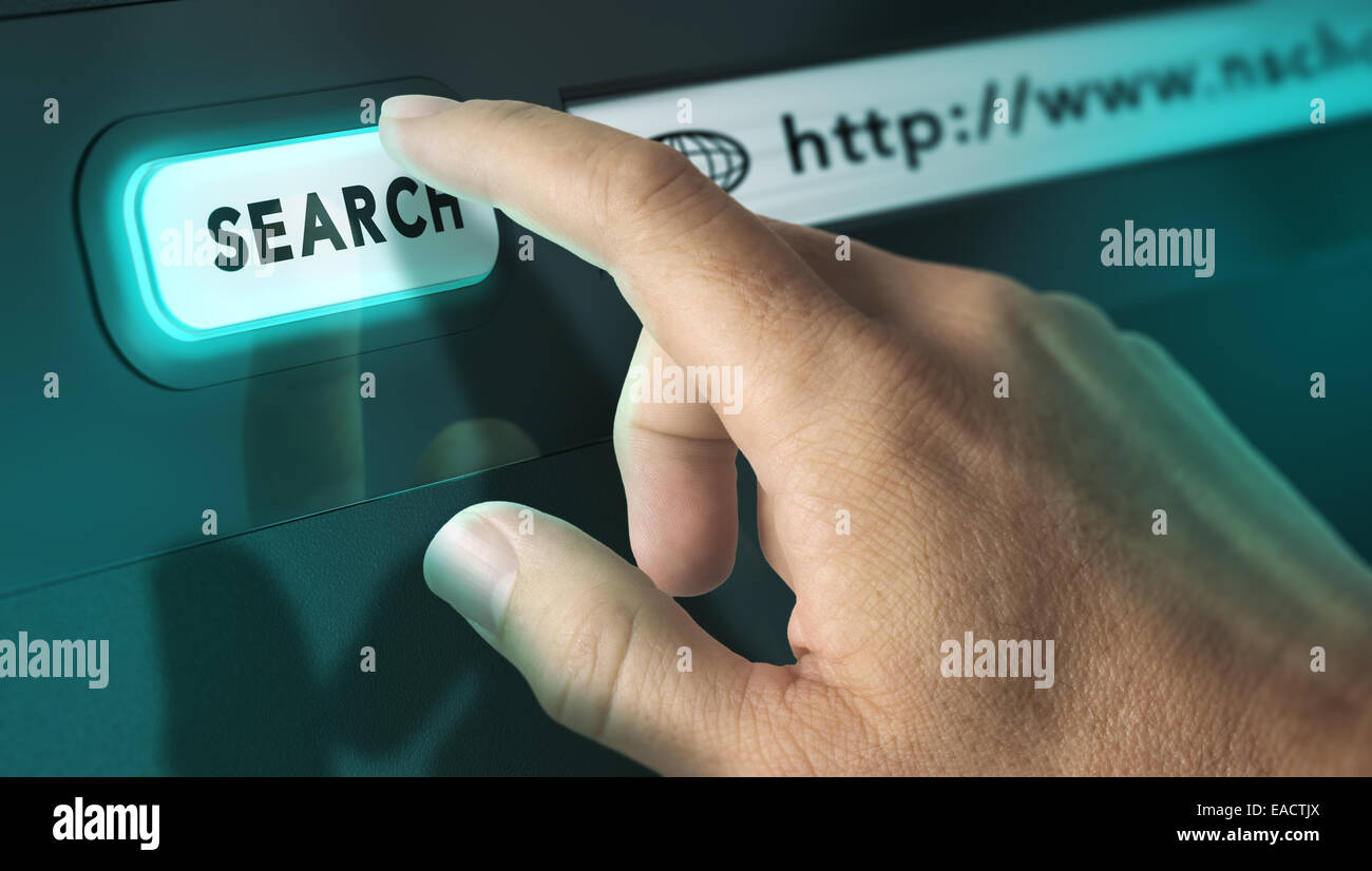 Un doigt appuyé sur un bouton du moteur de recherche, de l'image concept de recherche internet et borne interactive. Banque D'Images