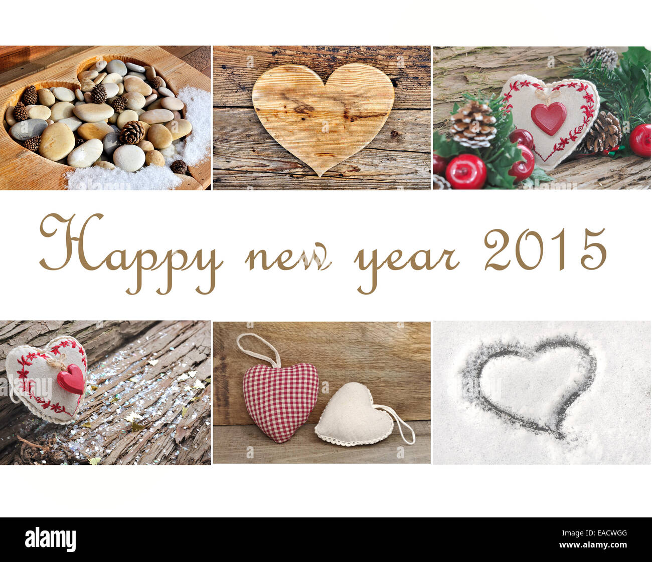 Carte de souhaits pour la nouvelle année avec photos collage de coeurs Banque D'Images