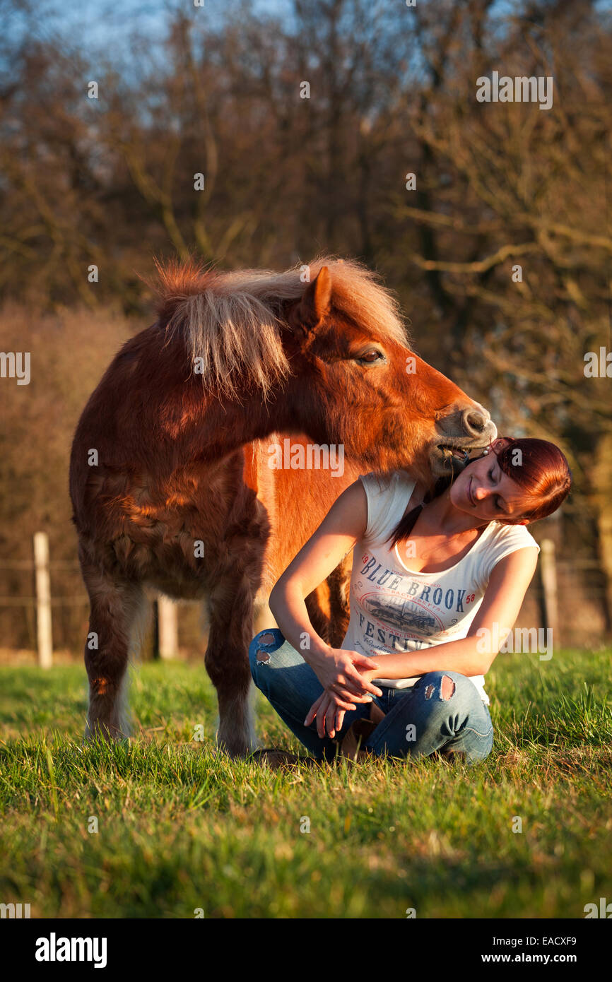 Poney Shetland, hongre alezan, nuzzling à l'oreille d'une fille, girl sitting cross legged Banque D'Images Poney Shetland, hongre alezan, nuzzling à l'oreille d'une fille, girl sitting cross legged Banque D'Images