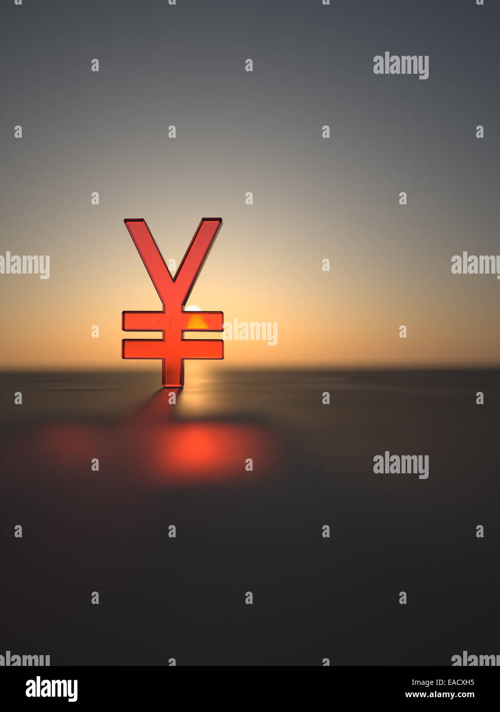Yen sign faite de verre rouge, au coucher du soleil Banque D'Images