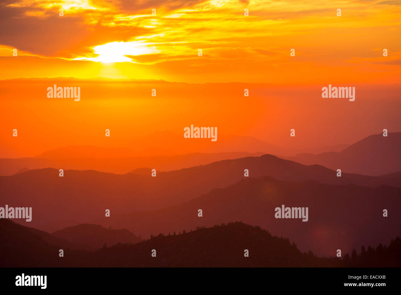 Regardant vers le bas à partir de la roche dans le Moro Sequoia National Park en Californie, aux États-Unis, dans la vallée centrale, au coucher du soleil. Banque D'Images