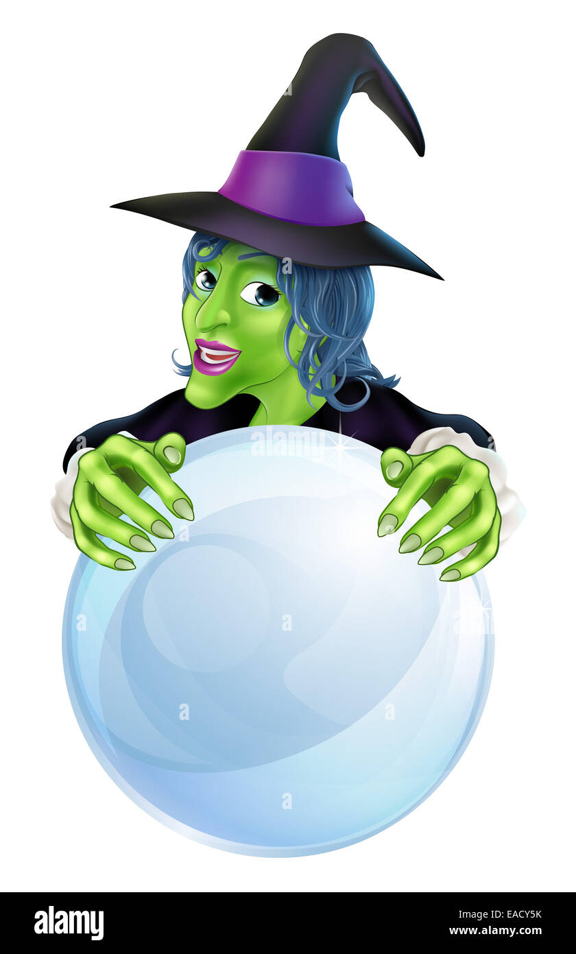Un dessin de sorcière et boule de cristal avec copie espace sur la boule de cristal. Banque D'Images