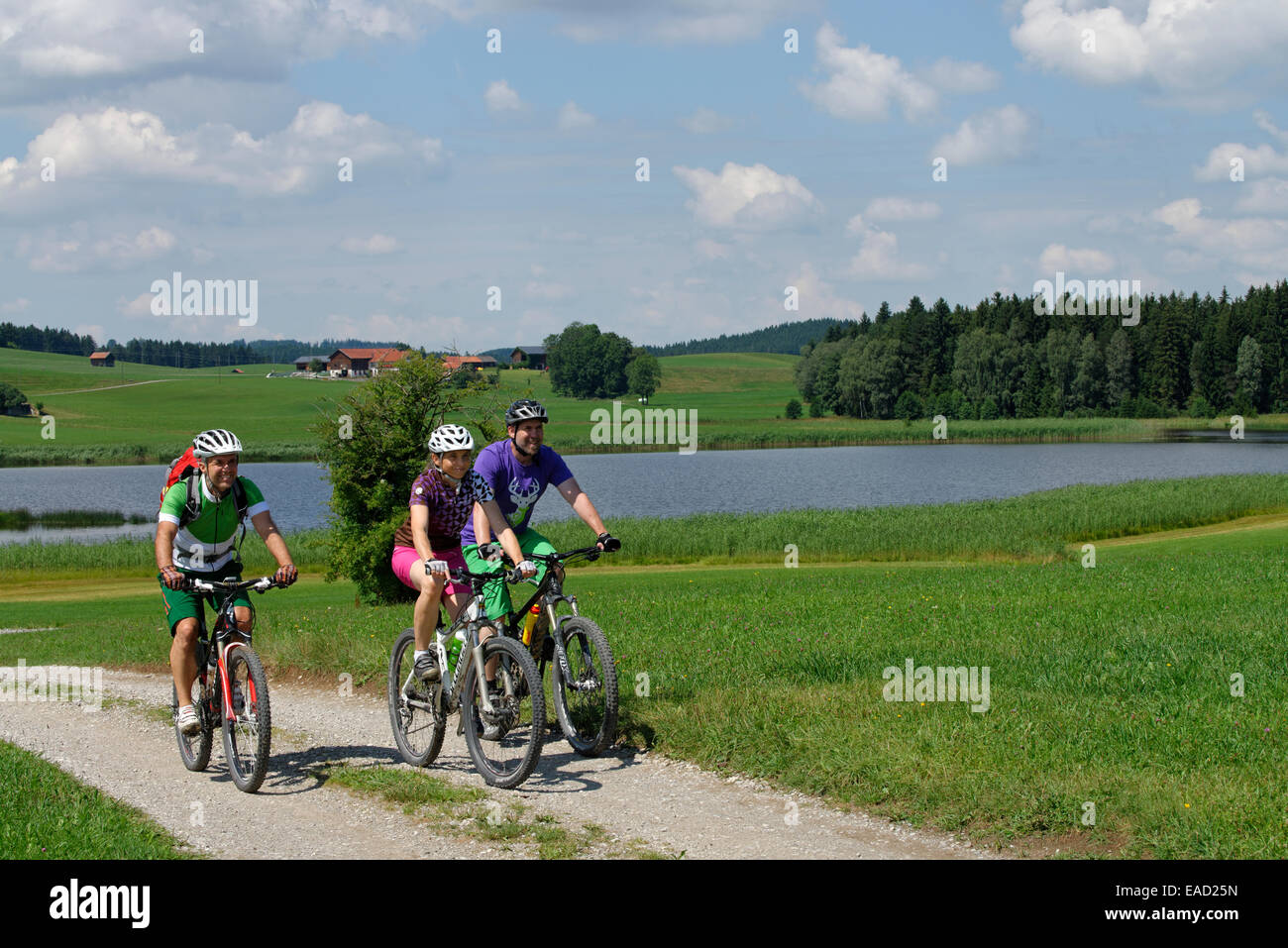 Les cyclistes sur vélo sur Trollweiher dans l'étang, la Seeg Ostallgaeu, souabe, Bavière, Allemagne Banque D'Images Les cyclistes sur vélo sur Trollweiher dans l'étang, la Seeg Ostallgaeu, souabe, Bavière, Allemagne Banque D'Images
