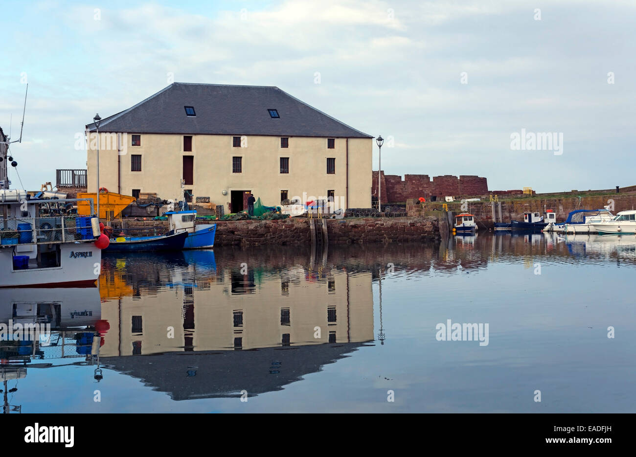 Le vieux port à Dunbar avec un homme travaillant sur ses filets. Banque D'Images