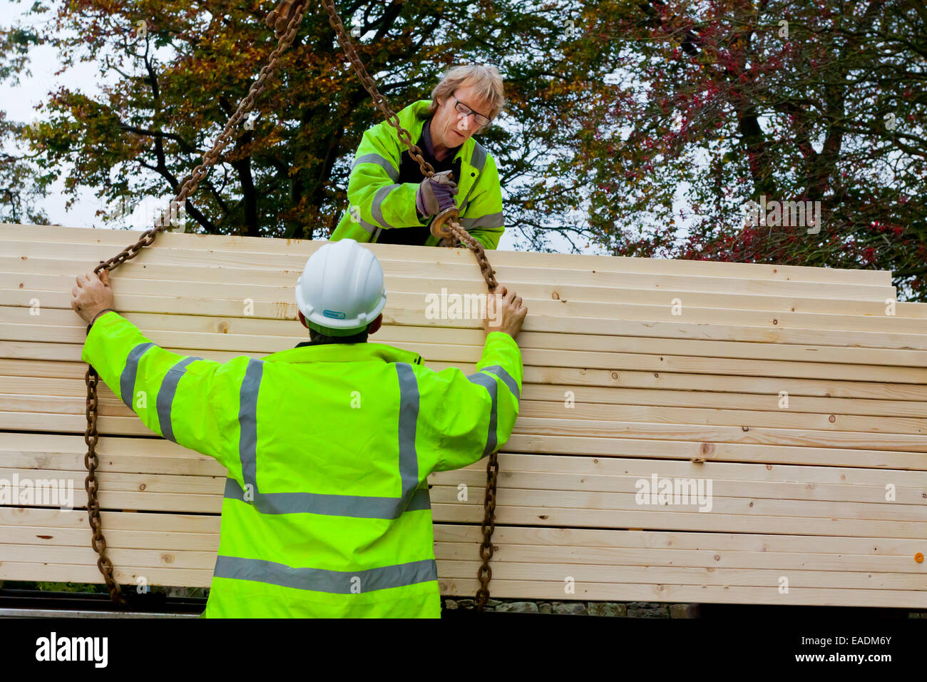 Builder et pilote livraison de bois sur un site de construction portant une veste haute visibilité et blanc casque casque de protection Banque D'Images