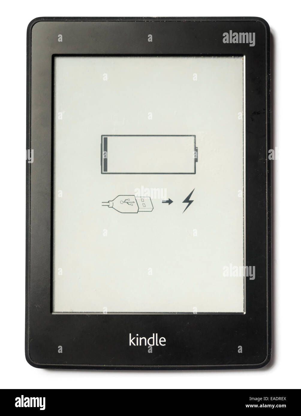 Plus de batterie Amazon Kindle Paperwhite e-book reader découper isolé sur fond blanc Banque D'Images