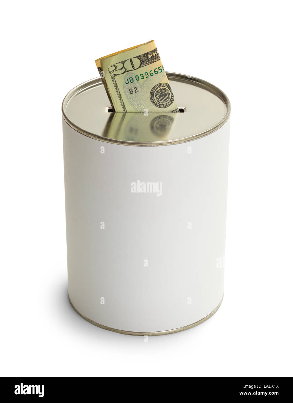 Don peut blanc avec de l'argent et copie espace isolé sur fond blanc. Banque D'Images