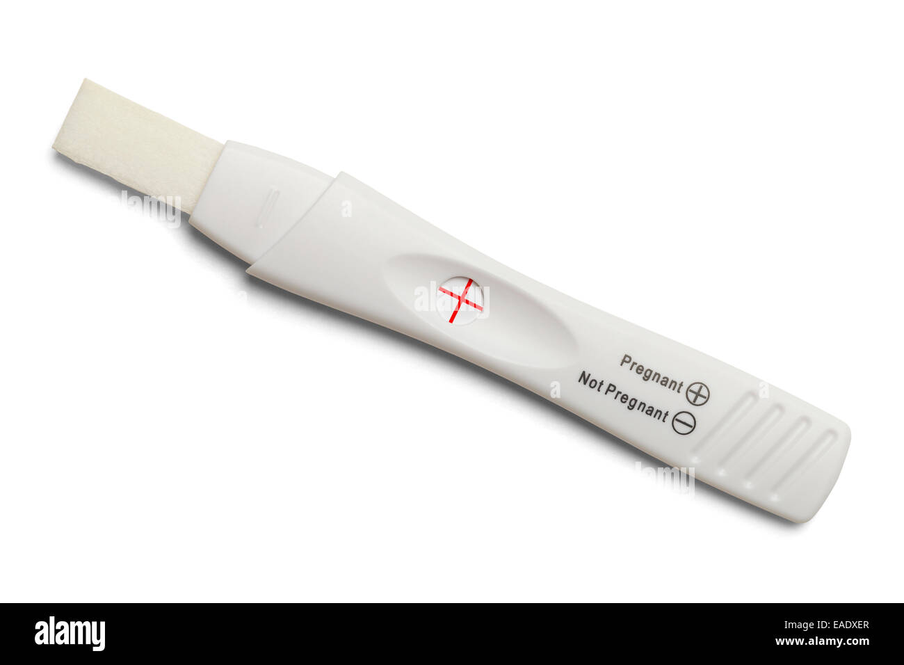 Test de grossesse positif en plastique blanc isolé sur fond blanc. Banque D'Images