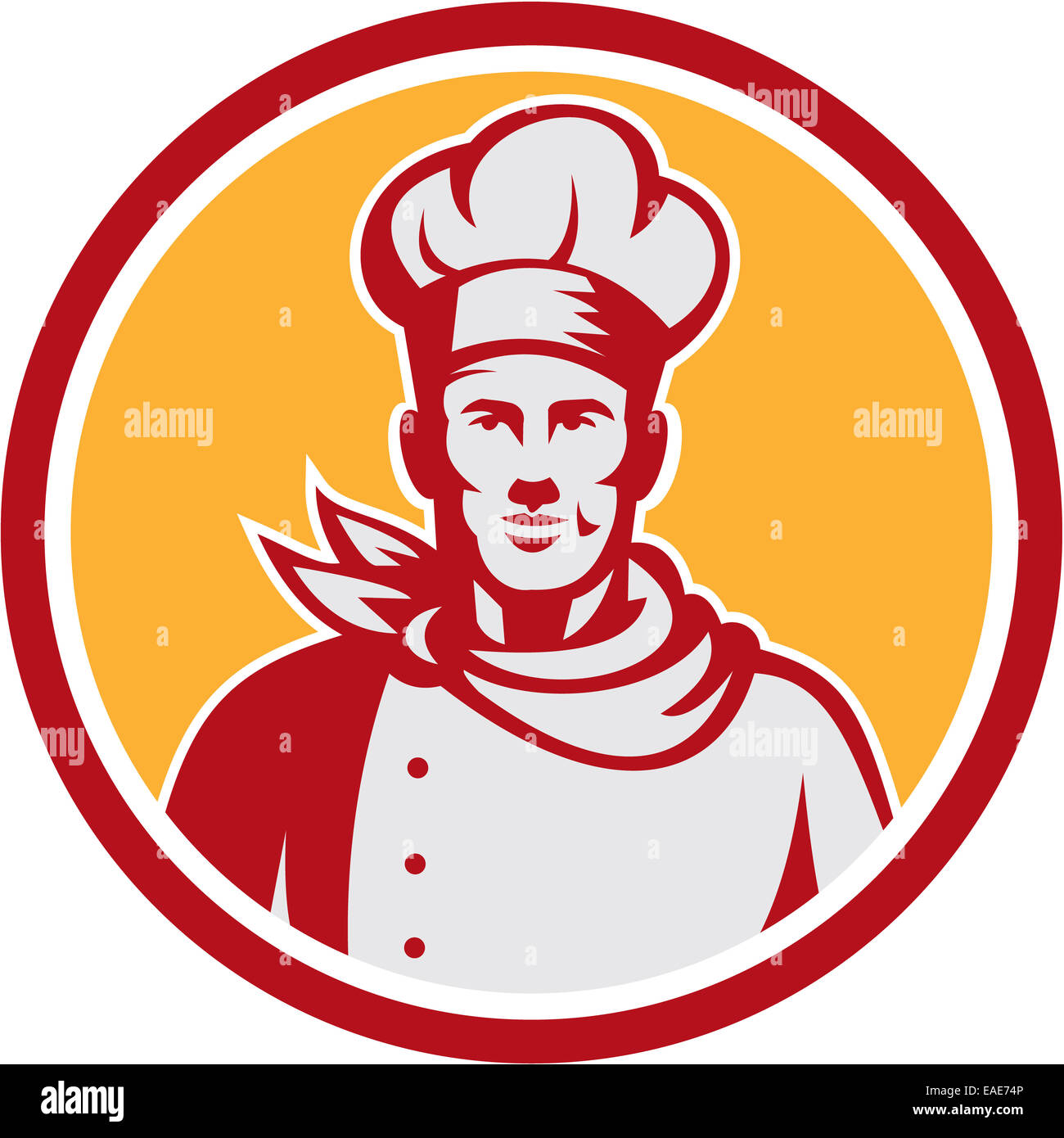 Illustration d'un chef cuisinier baker buste avec hat face à l'avant fixé à l'intérieur du cercle sur fond isolé fait en style rétro. Banque D'Images