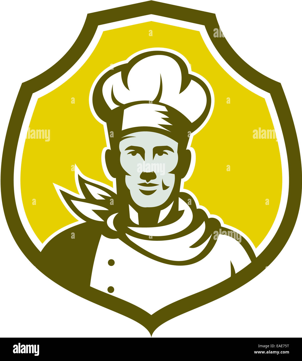 Illustration d'un chef cuisinier baker buste avec hat face à l'avant fixé à l'intérieur de la crête de l'écran sur fond isolé fait en style rétro. Banque D'Images