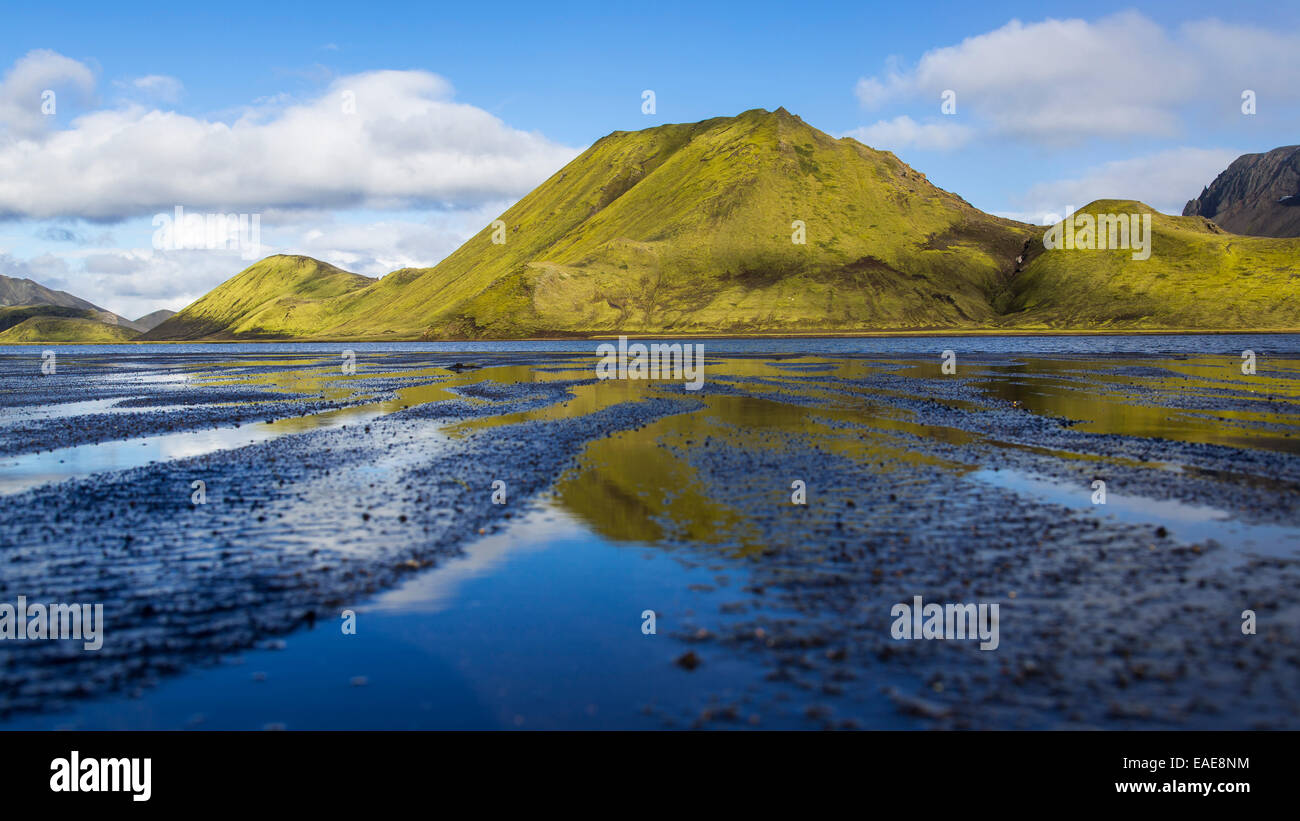 Montagnes et un lac dans les highlands, Landmannalaugar, Région du Sud, Islande Banque D'Images