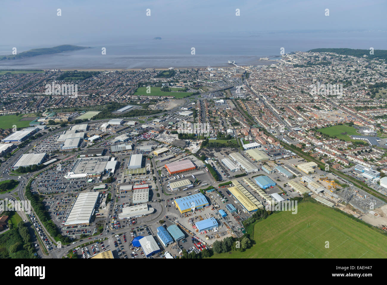 Une vue aérienne de Weston Super Mare en regardant vers le canal de Bristol Brean Down et Banque D'Images