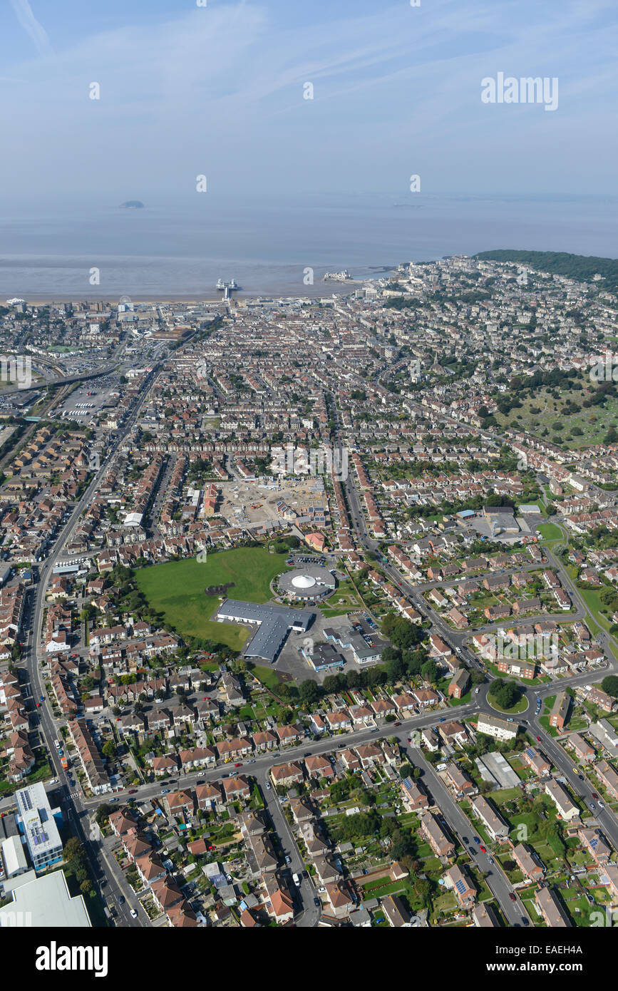Une vue aérienne de Weston Super Mare en regardant vers le canal de Bristol Brean Down et Banque D'Images