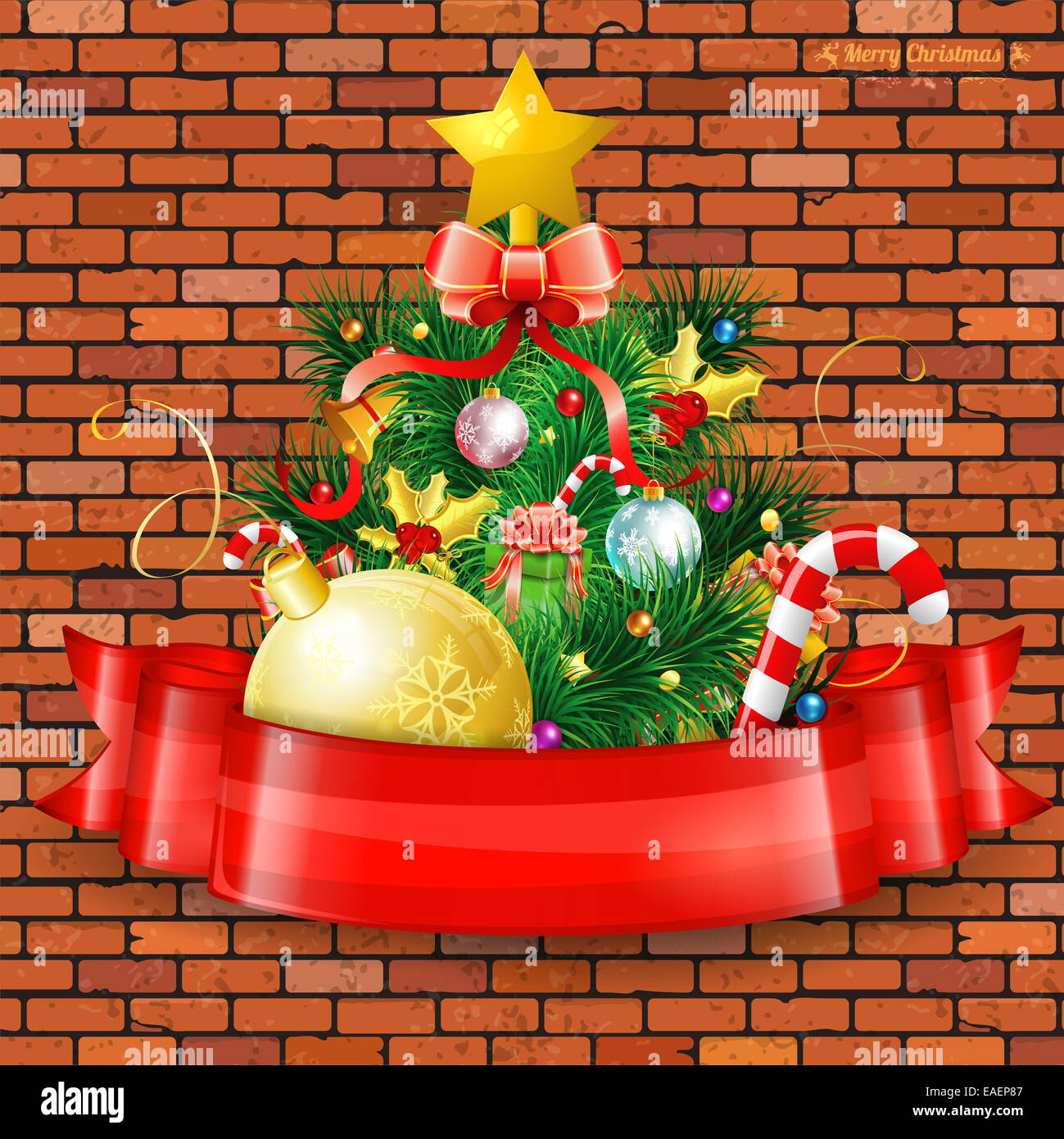 Arbre de Noël avec des bonbons, des branches de sapin, Gui et Don en ruban rouge sur fond mur de brique, de l'illustration. Banque D'Images