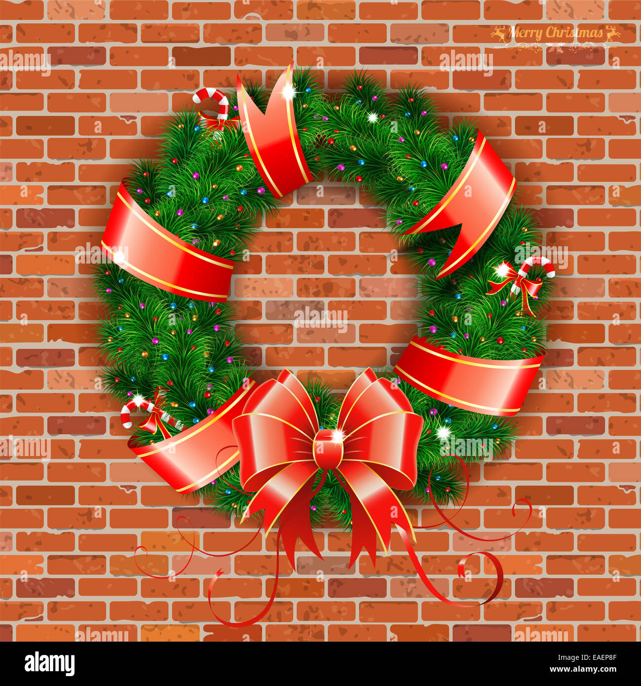 Couronne de Noël décorative avec ruban, Candy et élément de décoration sur mur de brique arrière-plan, l'illustration. Banque D'Images