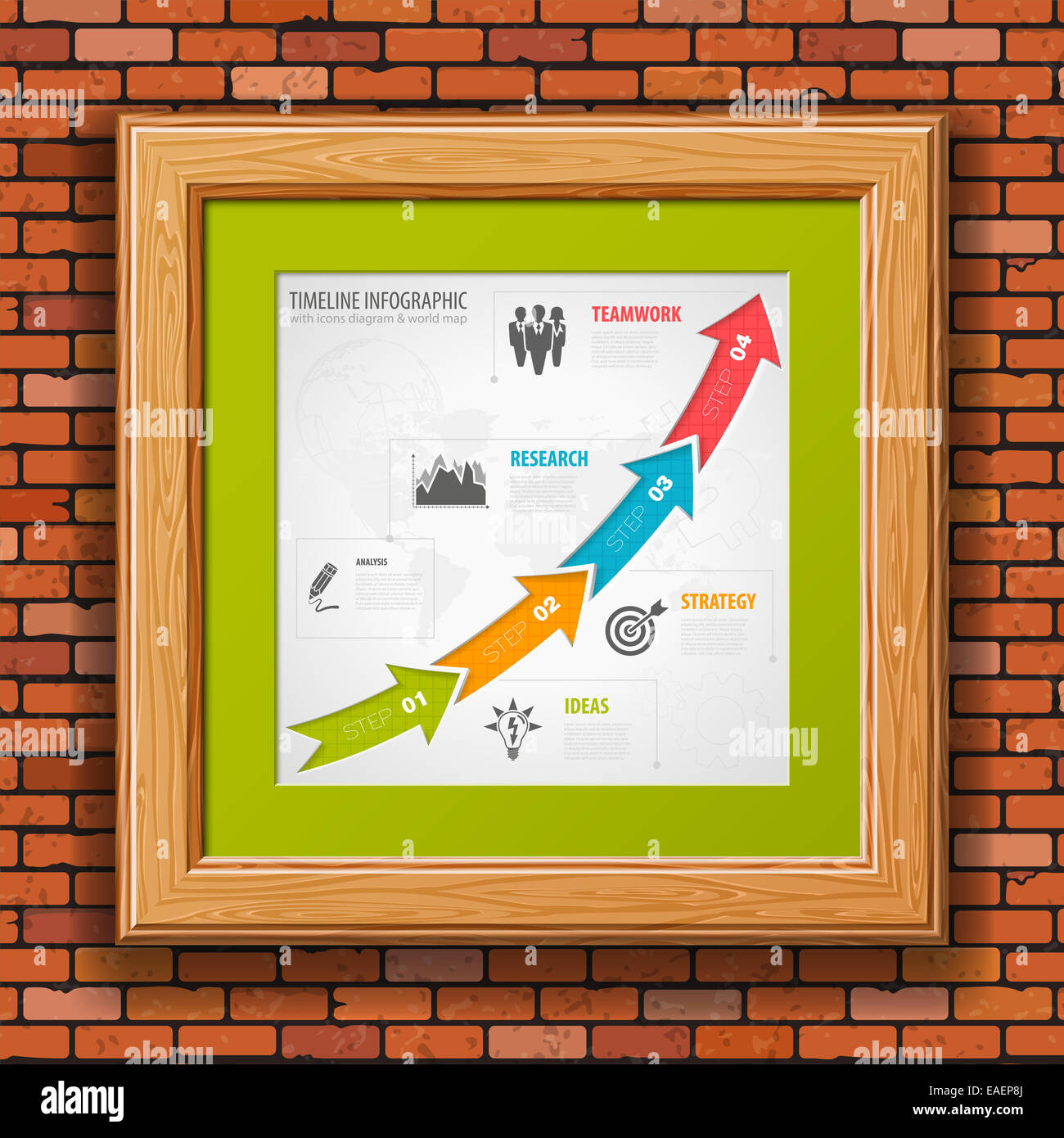 Mur de briques avec calendrier d'infographies dans cadre en bois. illustration. Banque D'Images