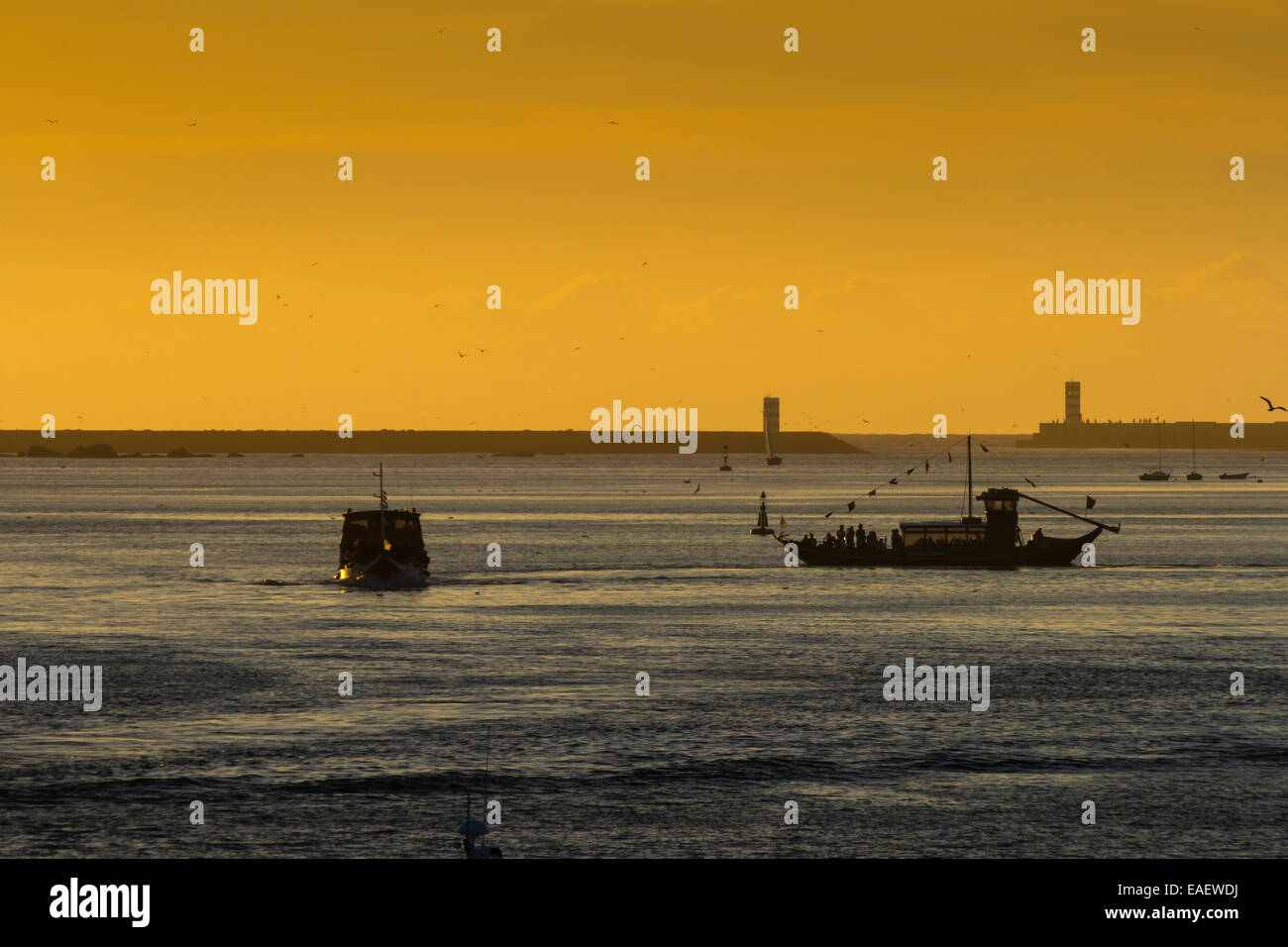 Bateau de tourisme sur le fleuve Douro au coucher du soleil, Porto, Portugal Banque D'Images