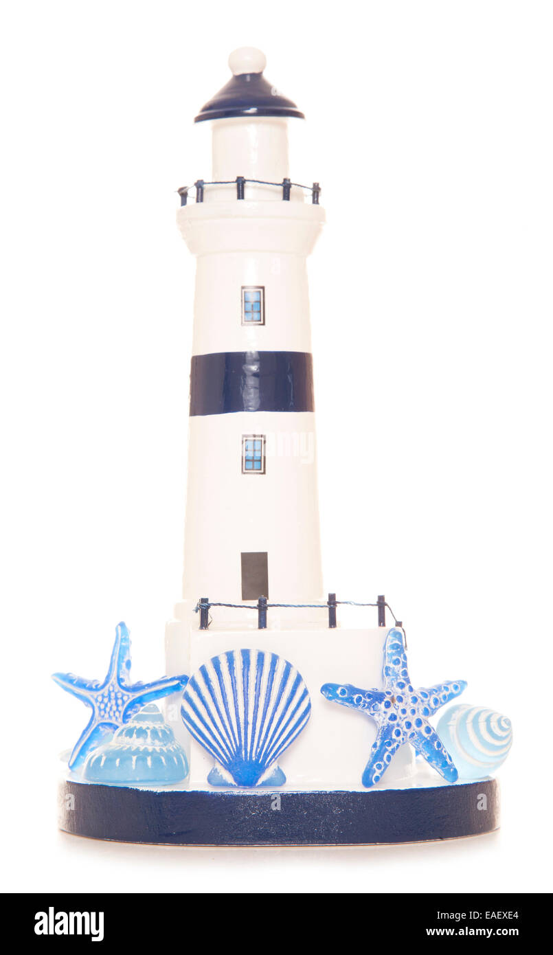 Ornement phare bleu et blanc avec des coquillages décoration Banque D'Images