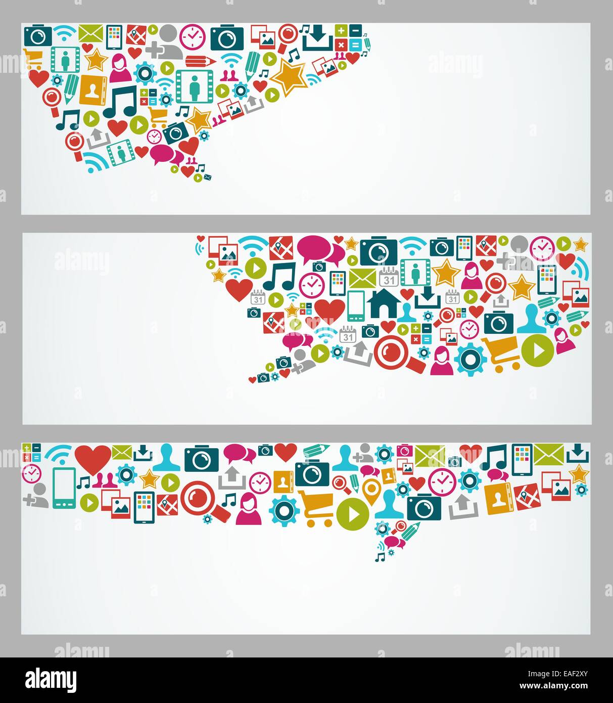Social Media bannières web et multimédia réseau avec set d'icônes dans la composition de la forme bulle. Fichier vectoriel EPS10 avec transp Banque D'Images