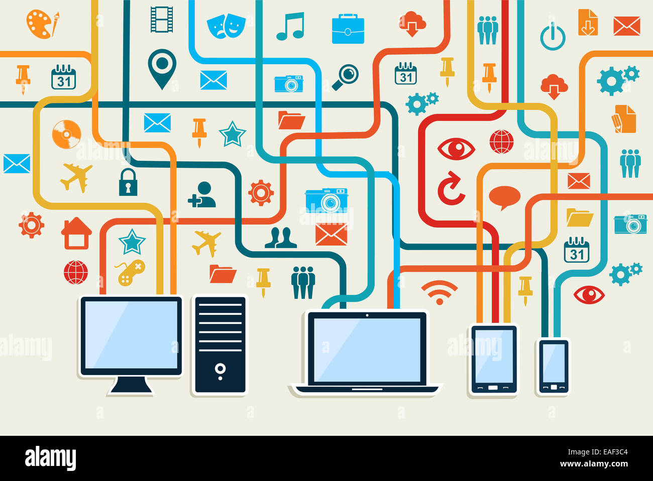 Social media concept connexion avec le mobile, ordinateur portable et la technologie serveur illustration.EPS10 fichier vecteur a organisé en couches f Banque D'Images