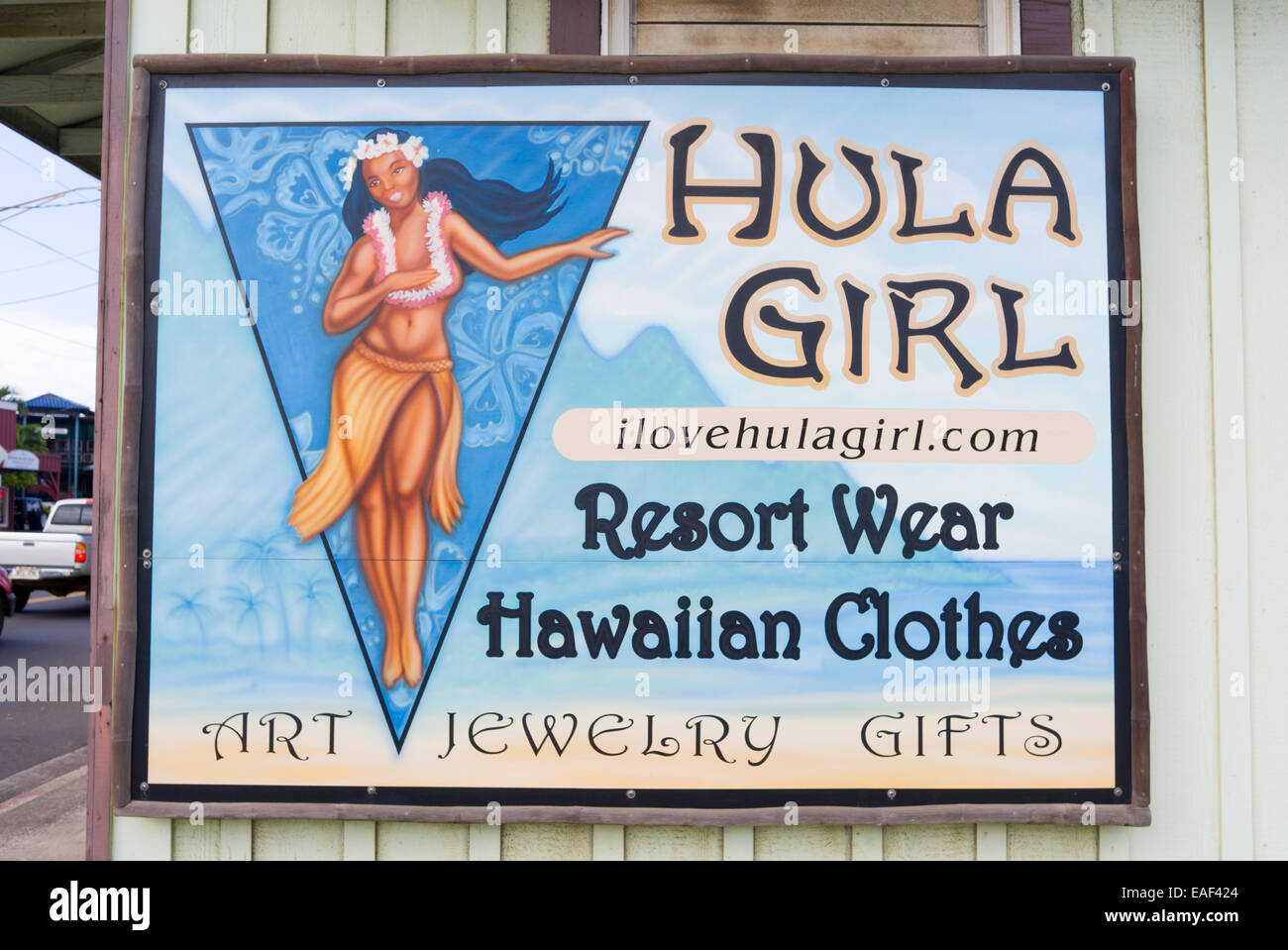 Signe pour le Hula Girl shop à Kauai Hawaii USA Banque D'Images