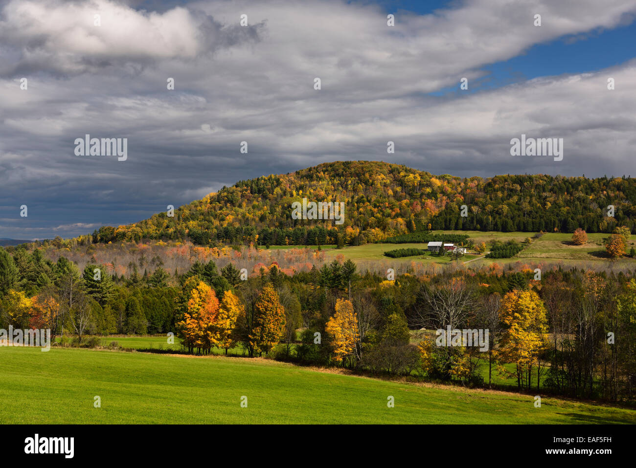 Pause ensoleillée sur ferme isolée entre la couleur de l'automne dans le cadre de Blue Mountain collines Vermont USA Banque D'Images