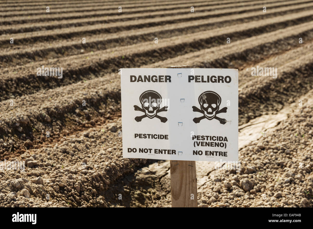 Pesticides danger sign in field prêts pour la plantation Banque D'Images