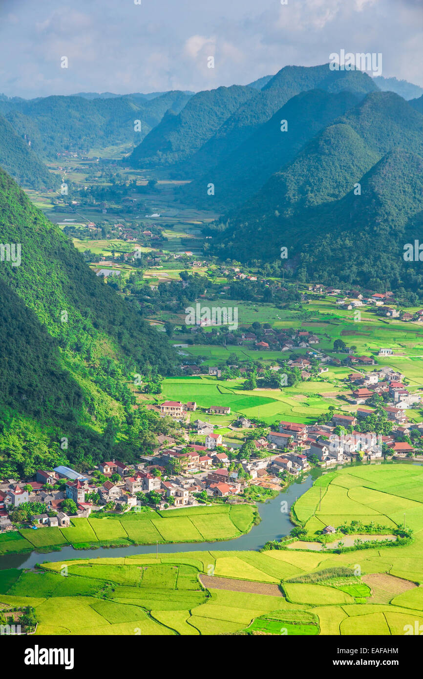 Village avec champ de riz dans la région de valley à Bac Son, Vietnam. Banque D'Images