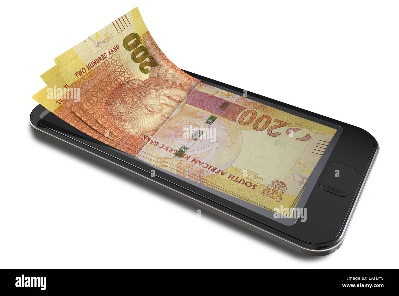 Un concept de droit d'un smart phone avec écran digital sur l'évolution de l'argent réel en rand sud africain signifiant billets Banque D'Images