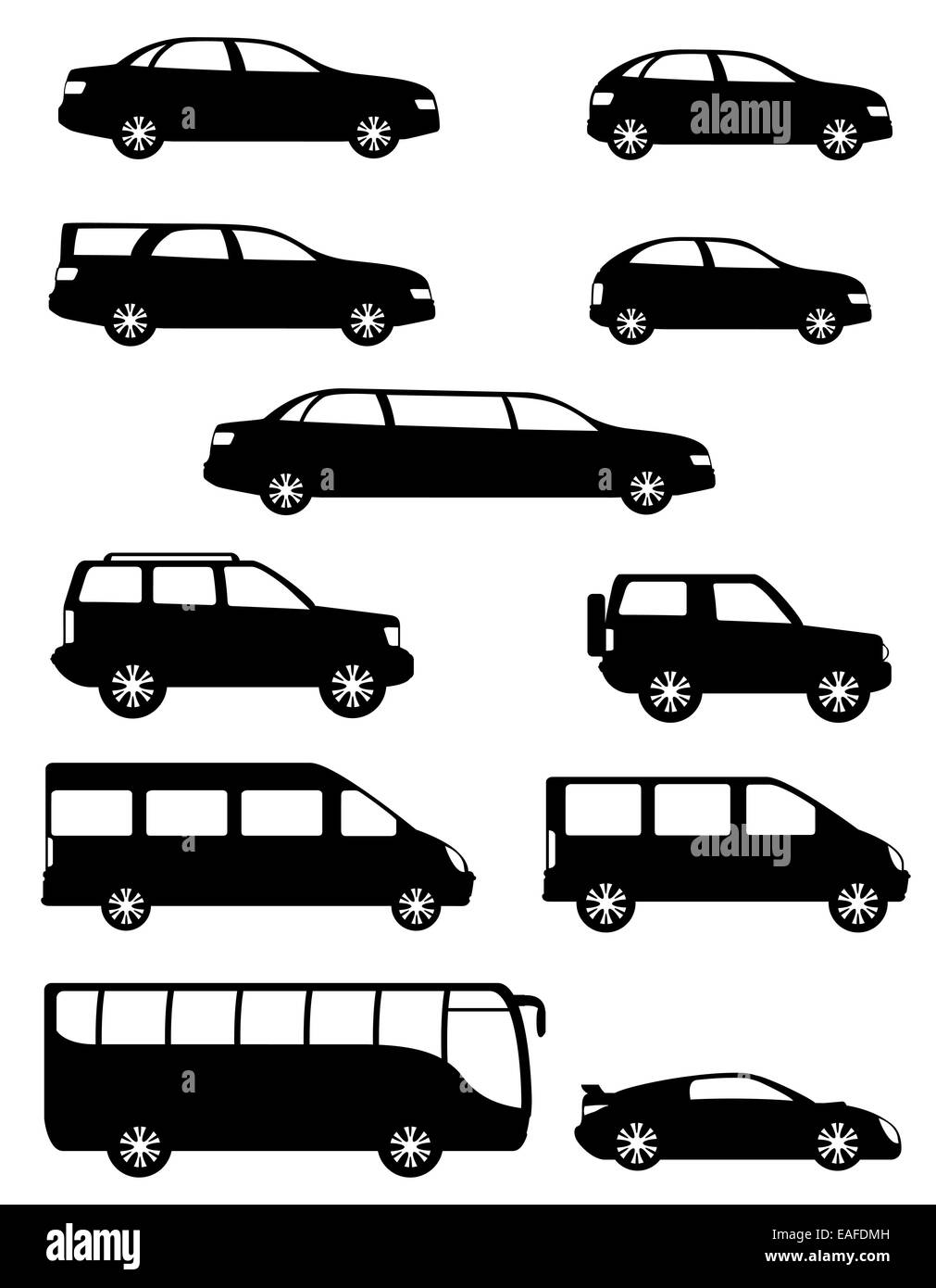 Icônes set voitures particulières avec différents organismes silhouette noire illustration isolé sur fond blanc Banque D'Images