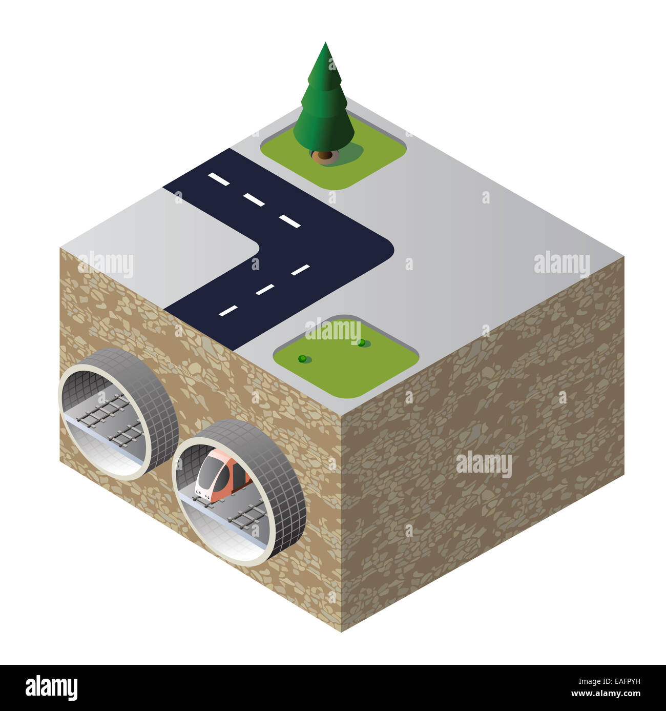 Dessin isométrique du tunnel avec un train Banque D'Images