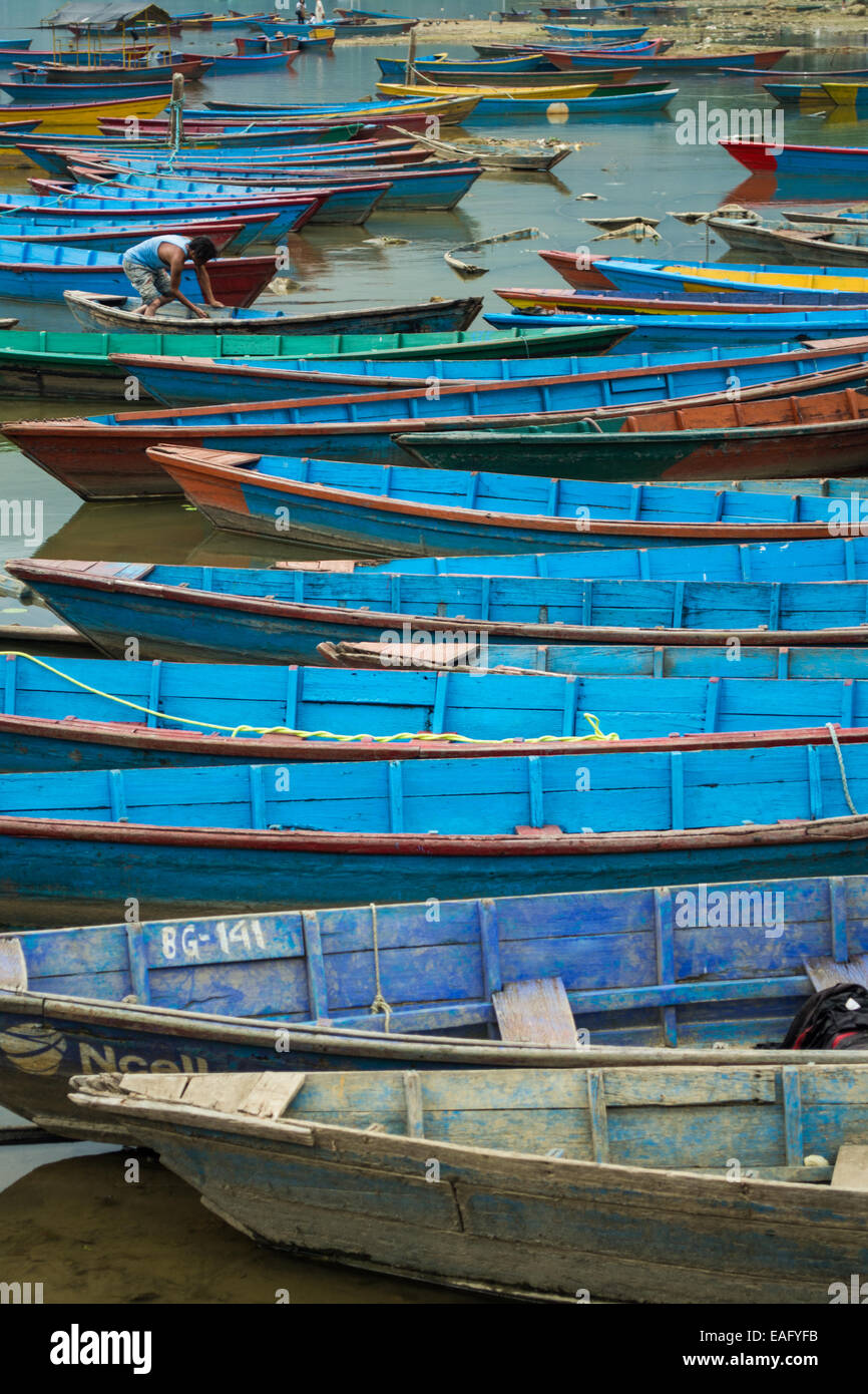 Bateaux bleu l'amarrage dans Lac Phewa. Pokhara, Népal. Banque D'Images