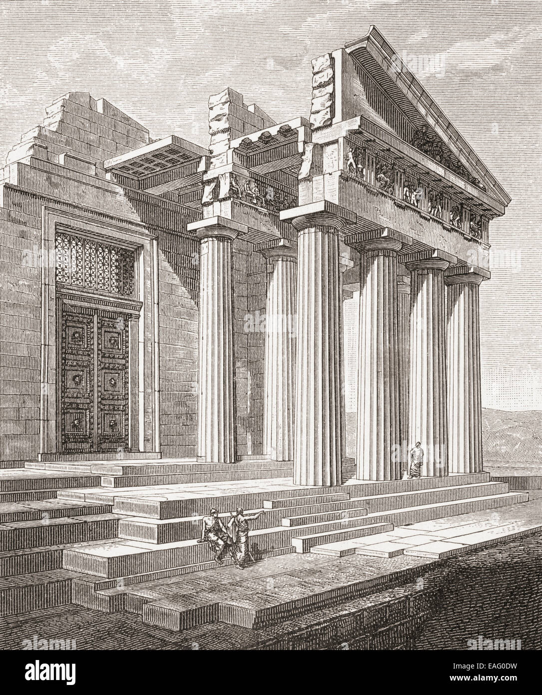 La vue en coupe montrant la construction de l'Amérique du coin est du Parthénon. Banque D'Images