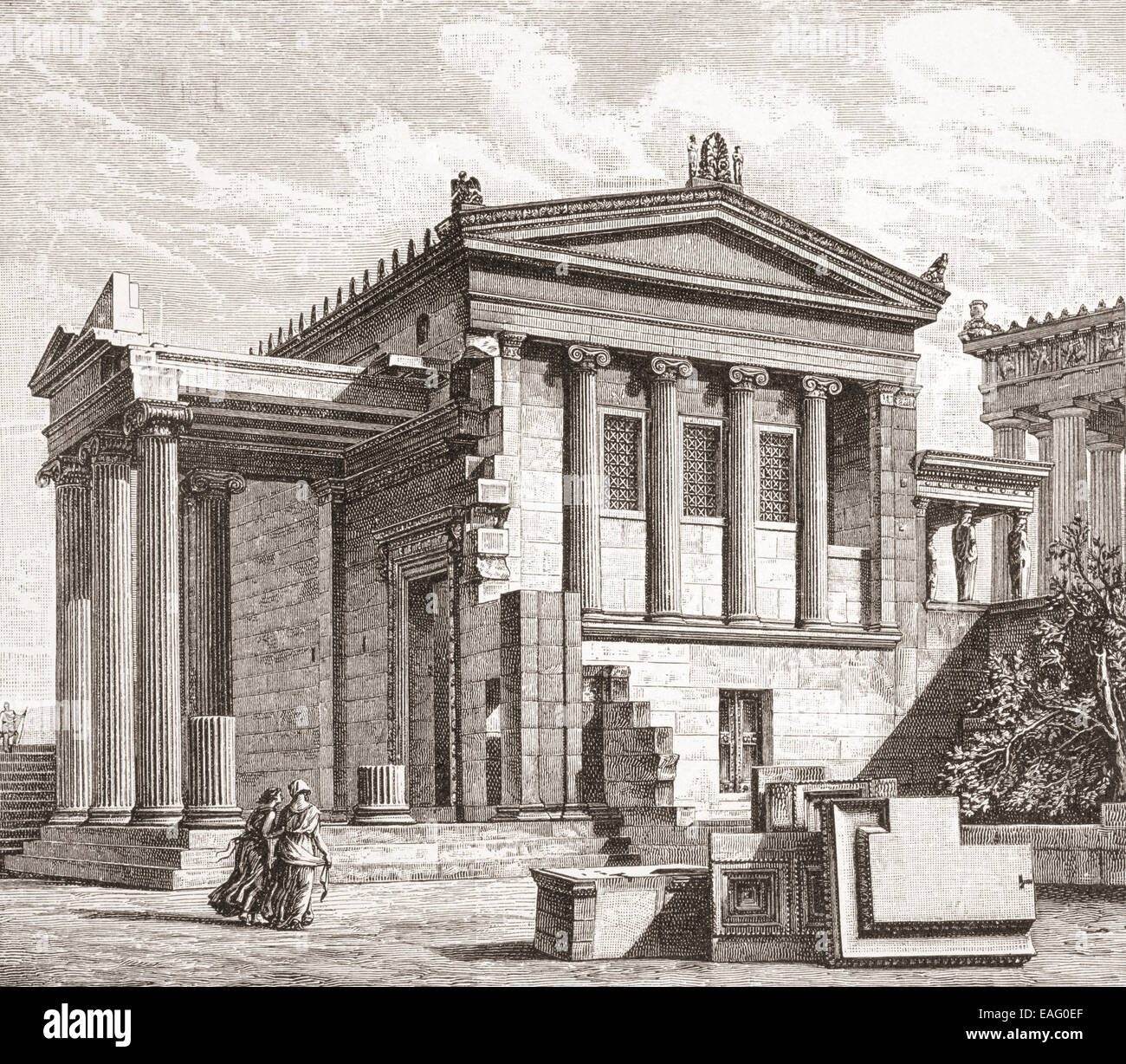 La reconstruction de l'Erechtheion ou Erechtheum, un ancien temple grec sur le côté nord de l'acropole d'Athènes en Grèce Banque D'Images