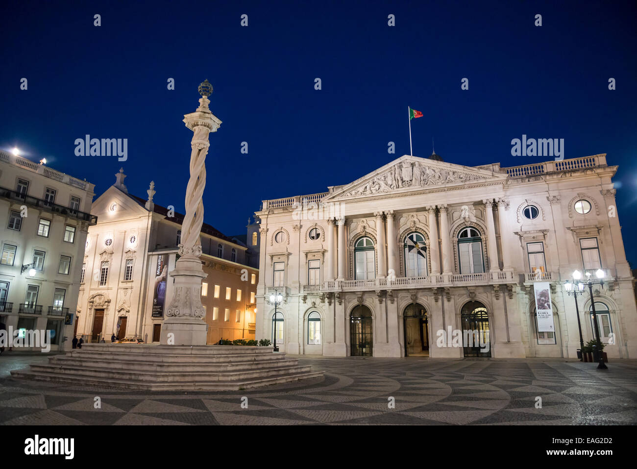 L'Hôtel de ville et au pilori Place Municipale, Praca Do Municipio, Lisbonne, Portugal Banque D'Images