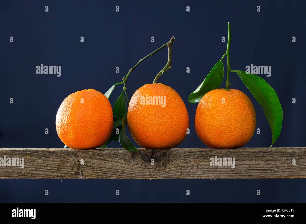 Trois mandarines mûres alignés sur une planche en bois Banque D'Images