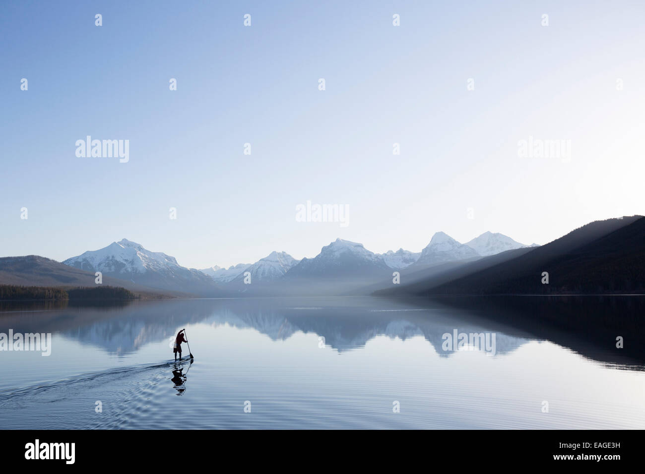 Un homme en stand up paddle (SUP) sur un lac calme McDonald dans le parc national des Glaciers. Banque D'Images