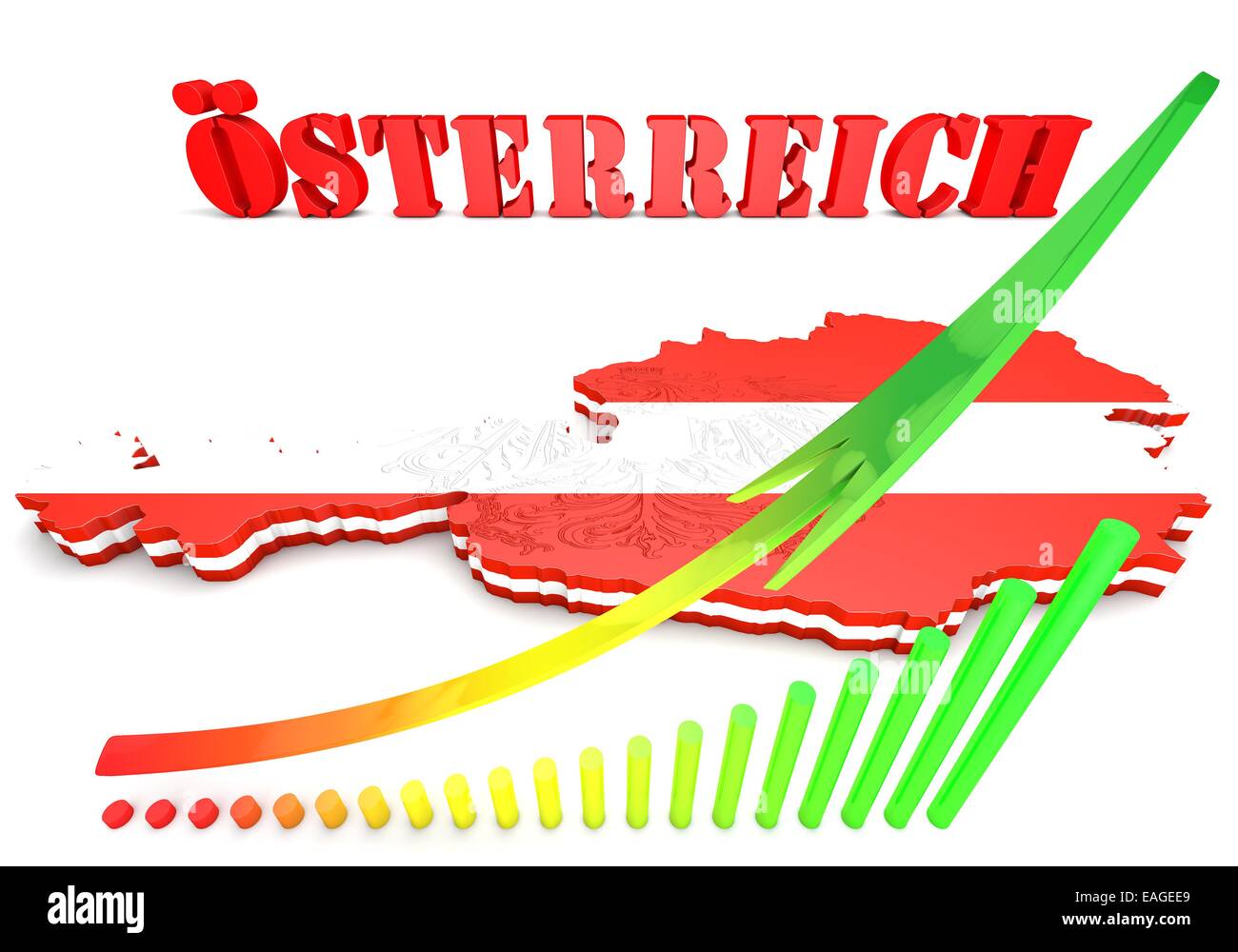 Illustration 3D de la carte de l'Autriche avec drapeau et d'armoiries Banque D'Images Illustration 3D de la carte de l'Autriche avec drapeau et d'armoiries Banque D'Images