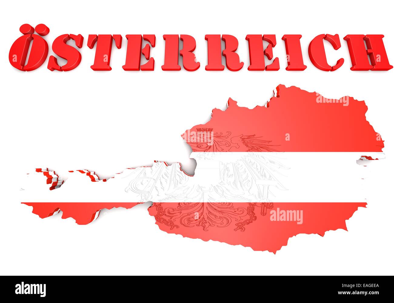 Illustration 3D de la carte de l'Autriche avec drapeau et d'armoiries Banque D'Images Illustration 3D de la carte de l'Autriche avec drapeau et d'armoiries Banque D'Images