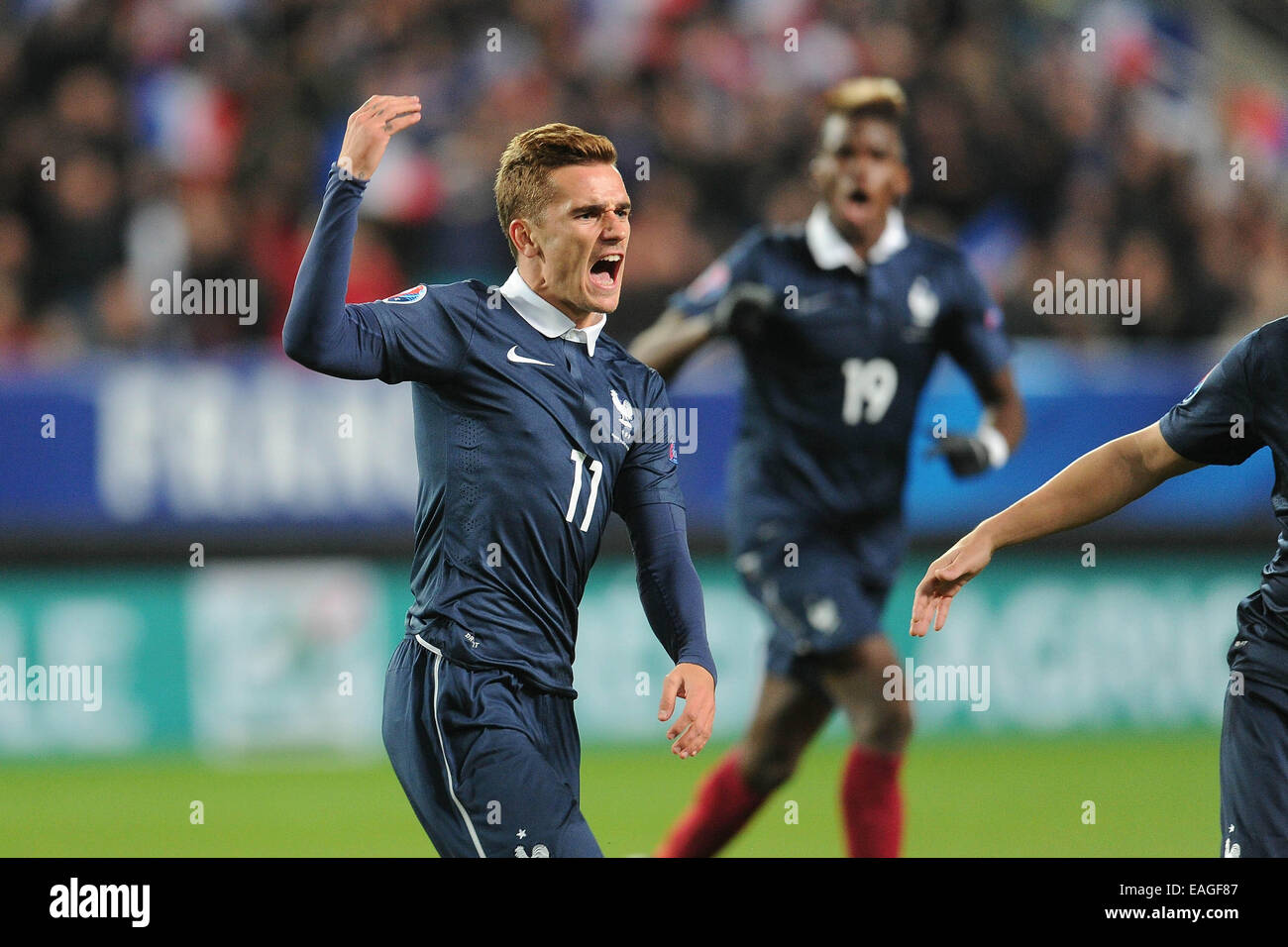 Stade de la Route-de-Lorient, Rennes, France. 14 novembre, 2014. Le football international friendly. La France contre l'Albanie. Antoine Griezmann célèbre son but (France) Crédit : Action Plus Sport Images/Alamy Live News Banque D'Images
